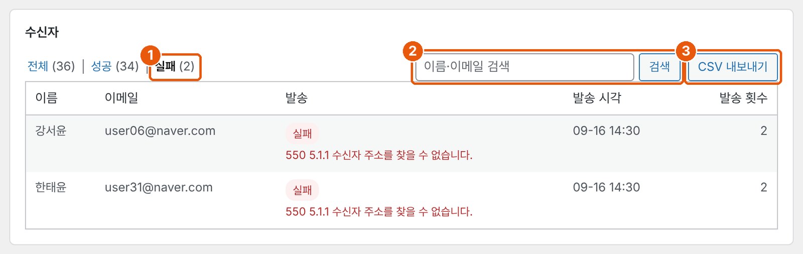 수신자 목록의 실패 탭